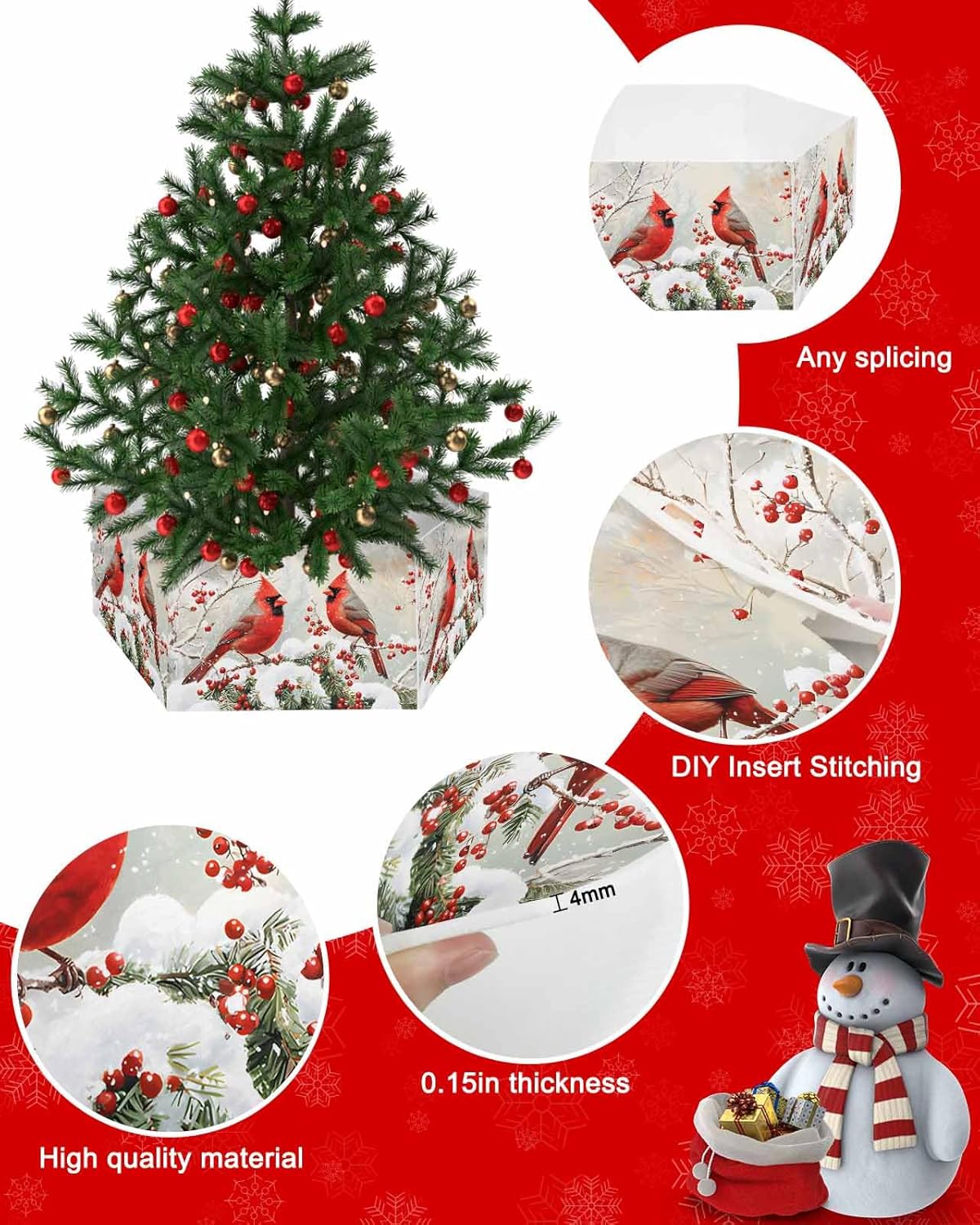 Christmas Tree Skirt Collar Cardinals Birds Tree Skirts Foldable Tree Mat Pine Tree Red Berry Xmas Tree Ring Stand Base Cover for Christmas Ornaments Holiday Party Decor Gifts 6PCS 17"x10"