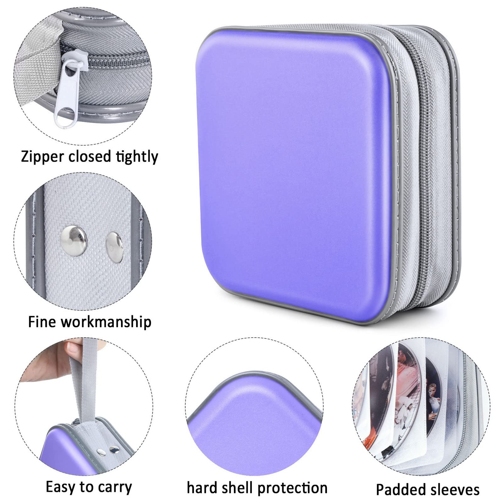 Bivisen CD Case, DVDs Wallet Holder, CD/DVD Case Wallet 40 Discs Heavy Duty Bag Binder Storage Booklet Album (Light Purple)