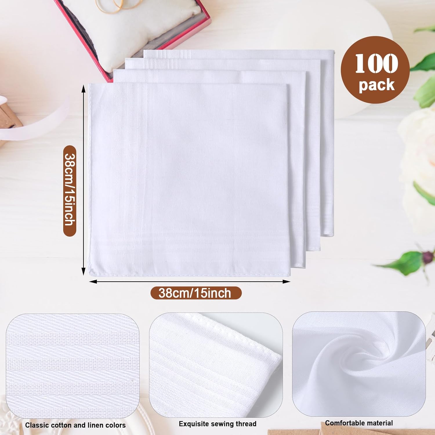 Preboun 100 Pcs Solid White Cotton Handkerchiefs Bulk for Men 15 x 15 Inch Pocket Square Men's Handkerchiefs with Stripe Soft Large Classic Hankies for Wedding Father's Day Gift - Image 2