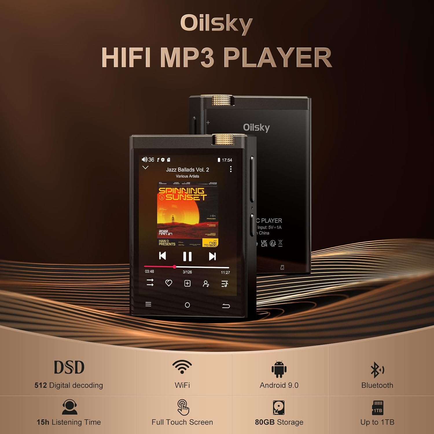Oilsky HiFi MP3-afspiller M308 har funktioner som DSD, WiFi, Android 9.0, 15 timers lytning, 80 GB lagerplads, 1 TB understøttelse