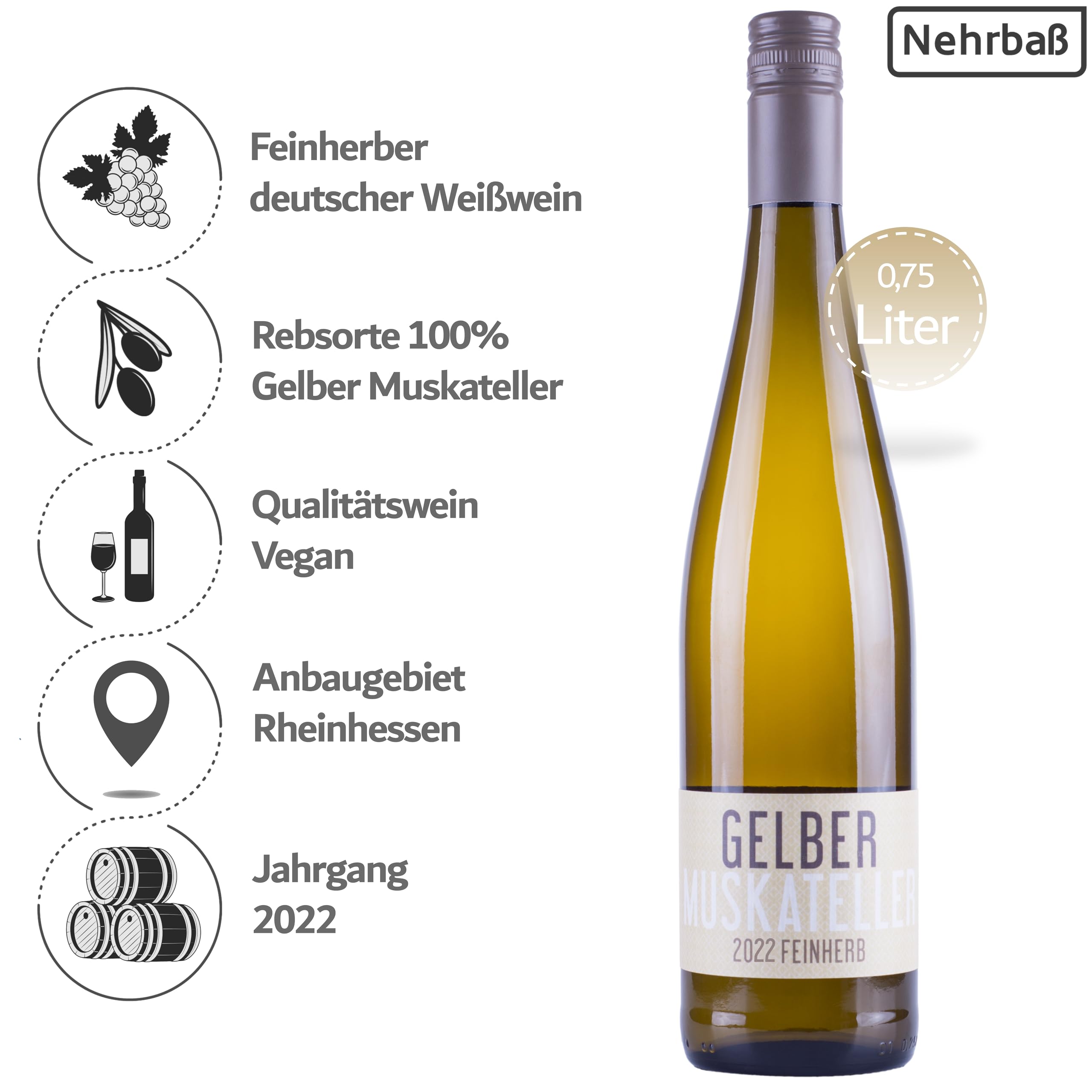Nehrbaß - Weißwein feinherb - 6er Probierset "fruchtige Weine mit eleganter Restsüße" 6 x 0,75 Liter aus: 2 x Riesling 2022, 2 x Gelber Muskateller 2022, 2 x Scheurebe 2022