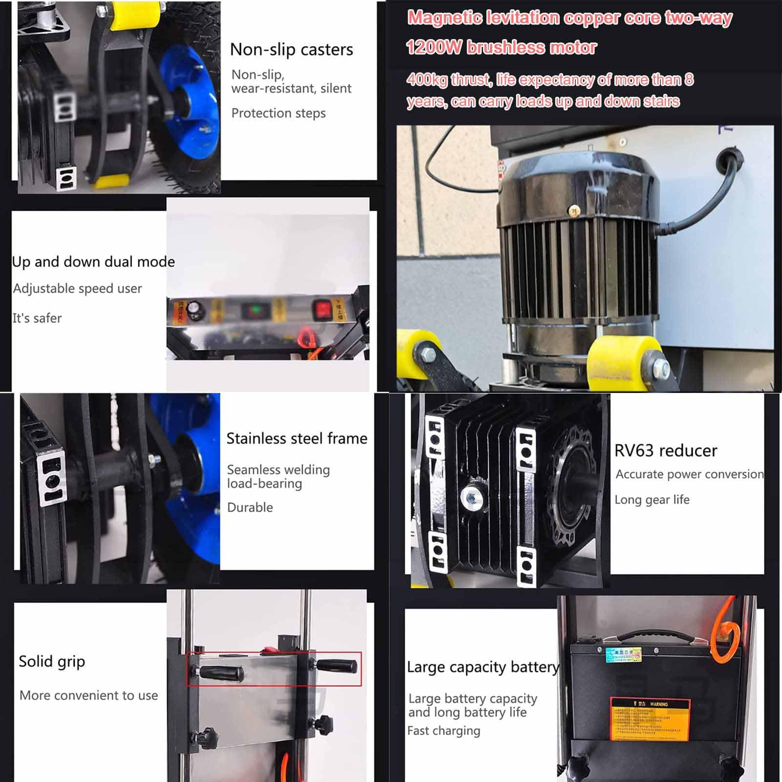 1200 W Carrello Saliscale Elettrico, Facile da Usare e Portatile, Batteria Rimovibile, Motore Brushless, Carrello per Sacchi Oggetti Pesanti su E Giù Scale,001