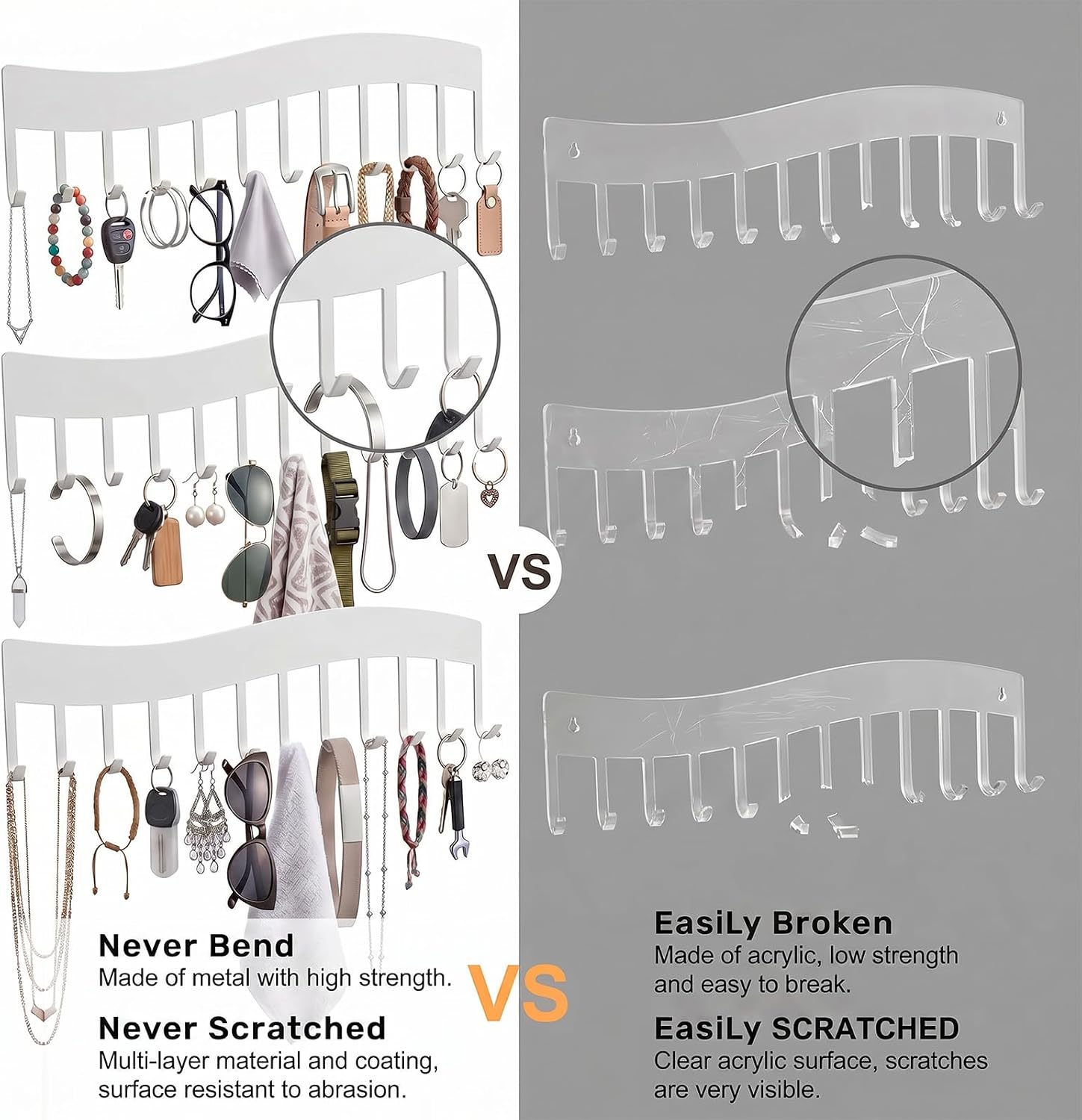 6 Pcs Necklace Organizer Wall Mount, 10.43 Inches Wall Mounted Jewelry Hanging Storage with 12 Hooks for Storage Jewelry Necklace, Wall Mounted Necklace Holder with Hooks for Tangle-Free Displa