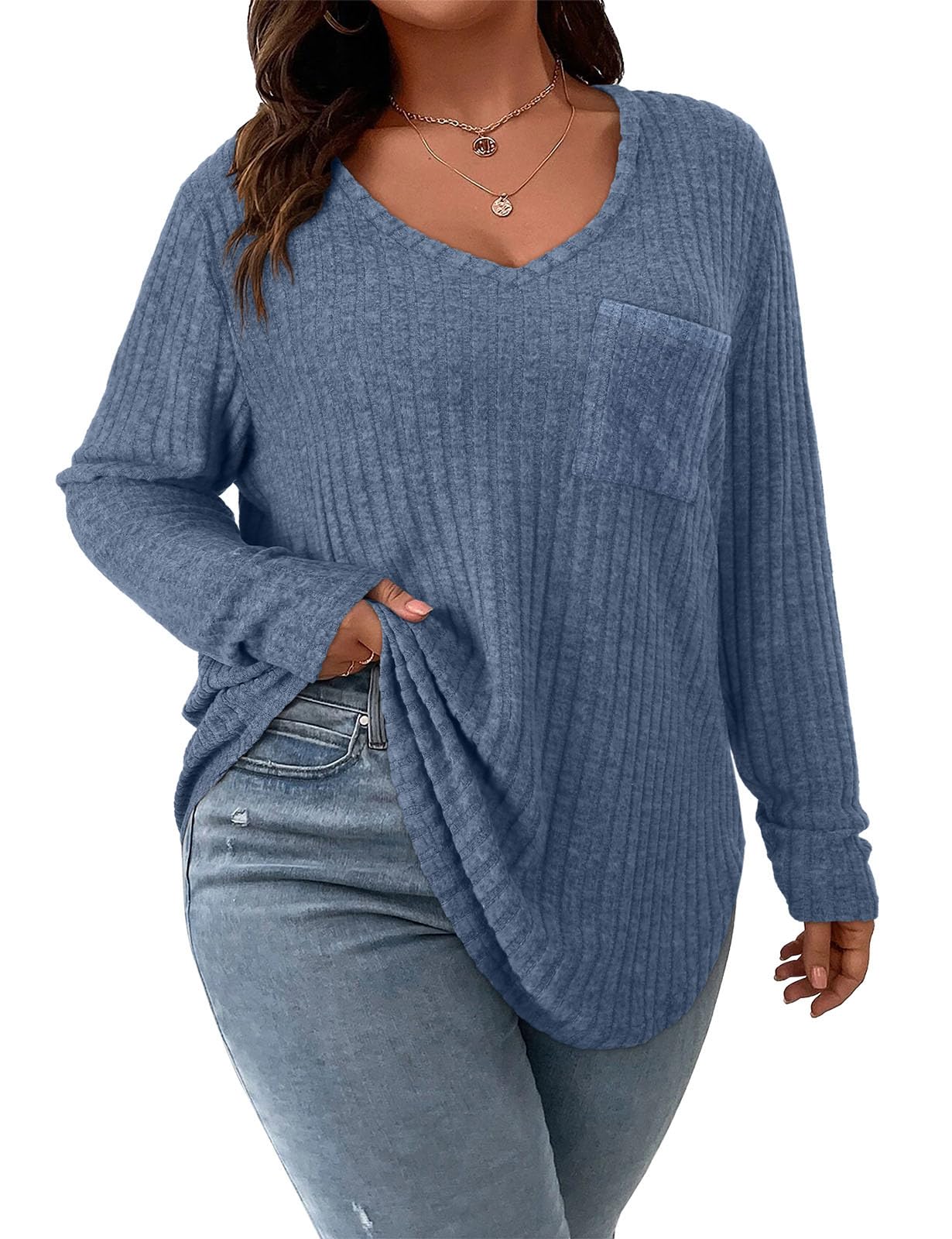 Koscacy Women Plus Size Casual Knit Sweater with Pocket V Neck Solid Color Tops Lightweight Long Sleeve Blouses