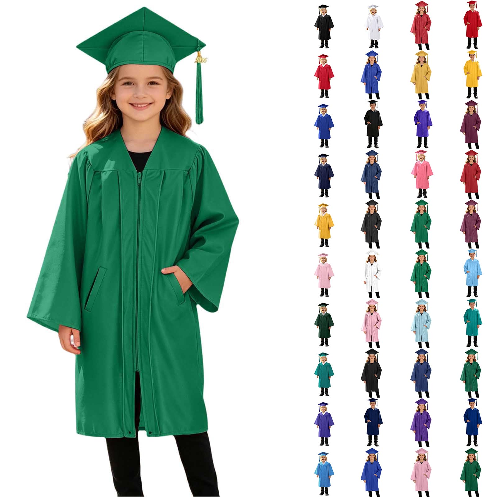 3 Piece Graduation Set for Kids, Gown, Cap, Gold 2026 Tassel, Unisex Boys Girls Preschool Kindergarten Primary School Graduation Gown and Cap Dress Up Props Costume, 26-Green