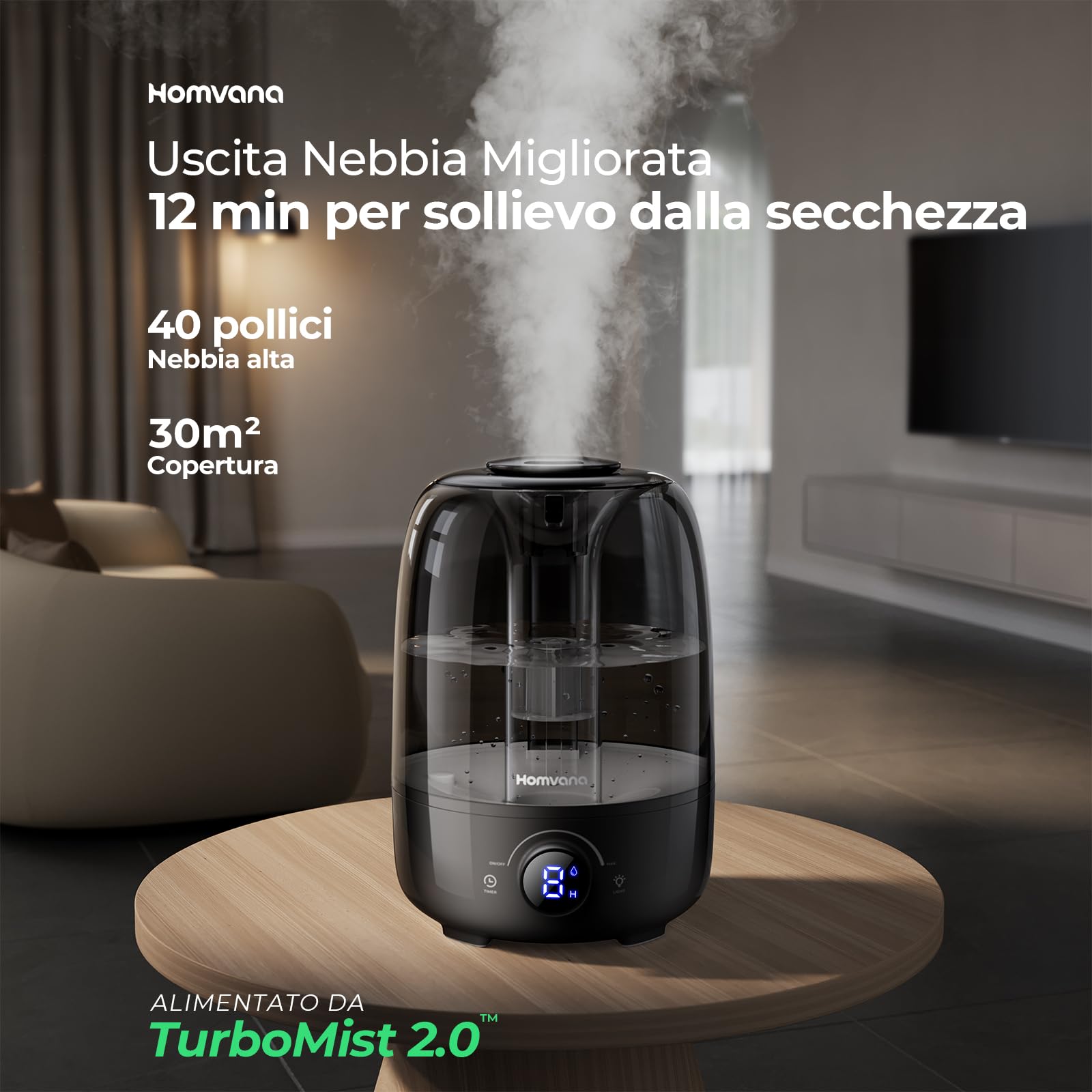 Homvana 4L Umidificatore Ambiente Bambini, 25dB, Cool Mist, Top-Fill | Humidifier 40H Runtime 25dB Quiet, Diffusore Oli Essenziali, Easy to Clean Ultrasuoni, Plants, Baby (Nero)