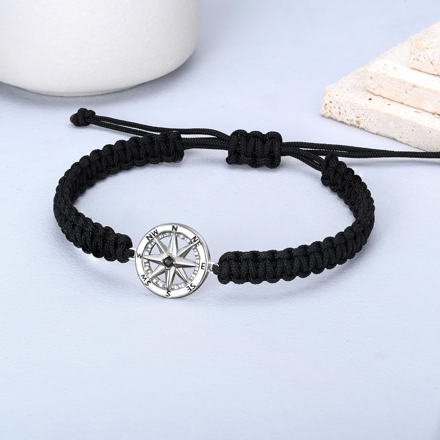 JENDEAR SHINE Compass Bracelet for Men, 925 Silver Adjustable Handmade Rope Chain, Vintage Viking Style Bracelet Gift for Men