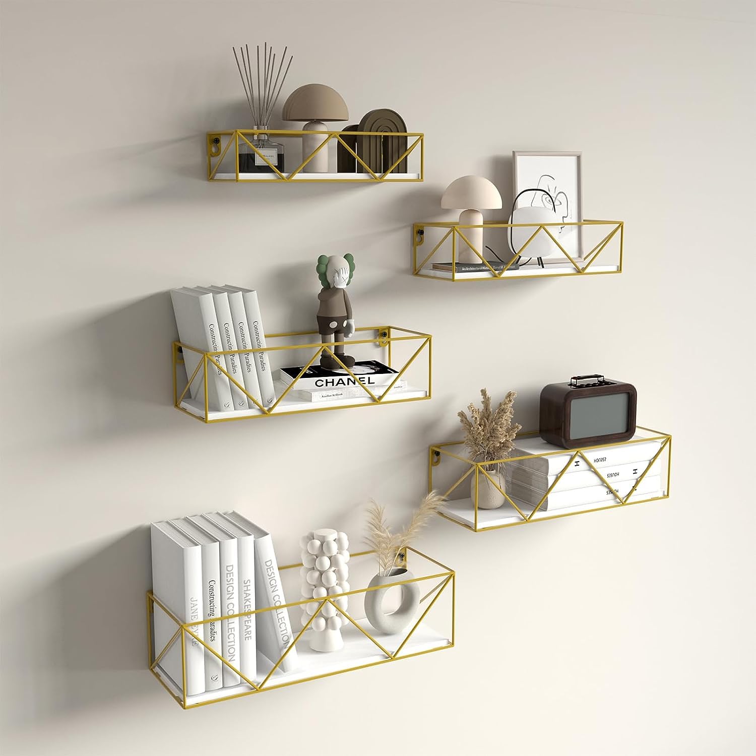 Akeefi Metal Gold Floating Shelves Wall Mounted Set of 5, Hanging ...