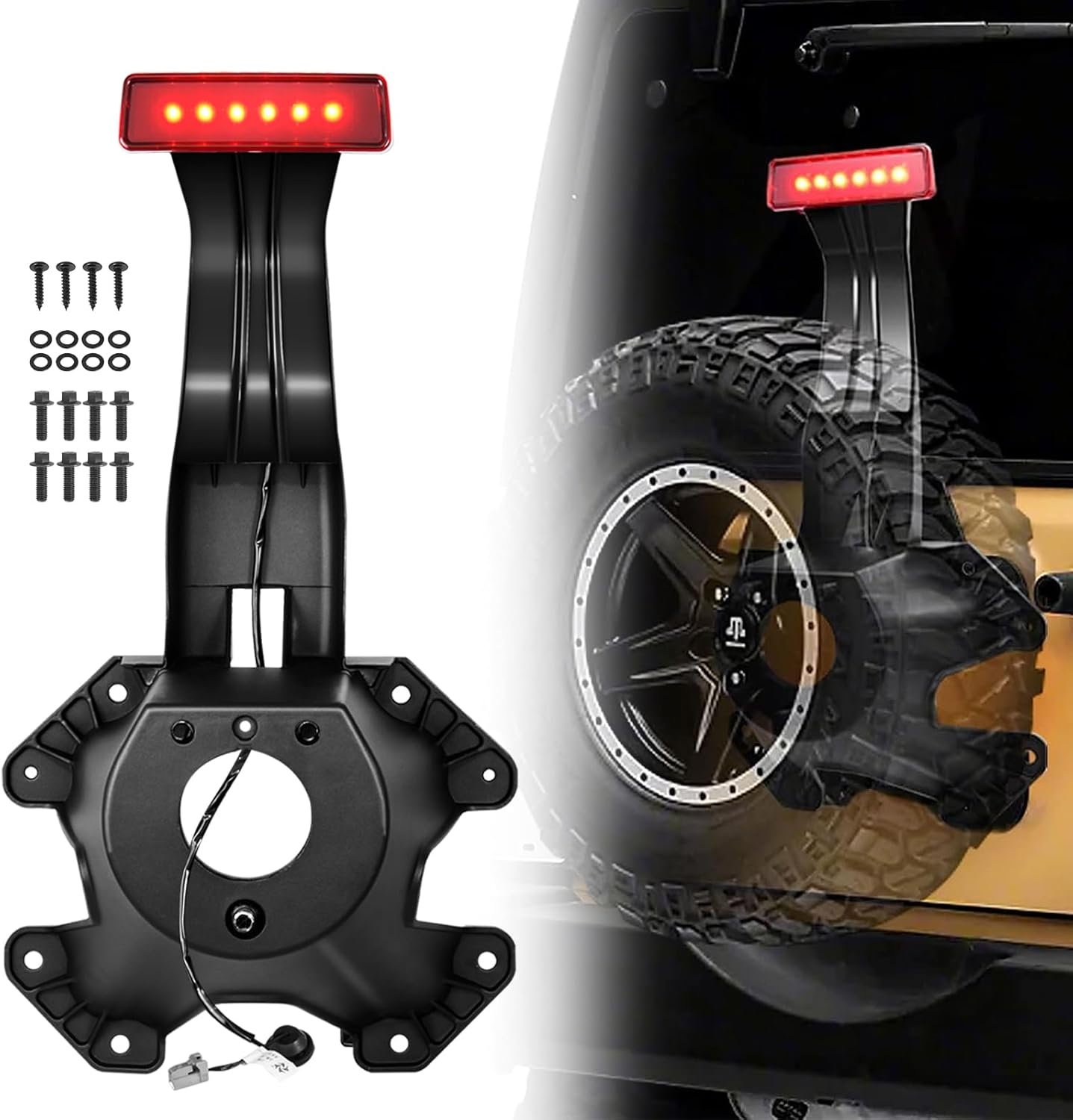 Spare Tire Holder Mounting Bracket Tire Carrier Bracket with Screws ＆ Third Center High Mount Brake Light with Wiring Harness Compatible with 2007-2018 Jeep Wrangler JK Replace# 55397217AJ (RED)