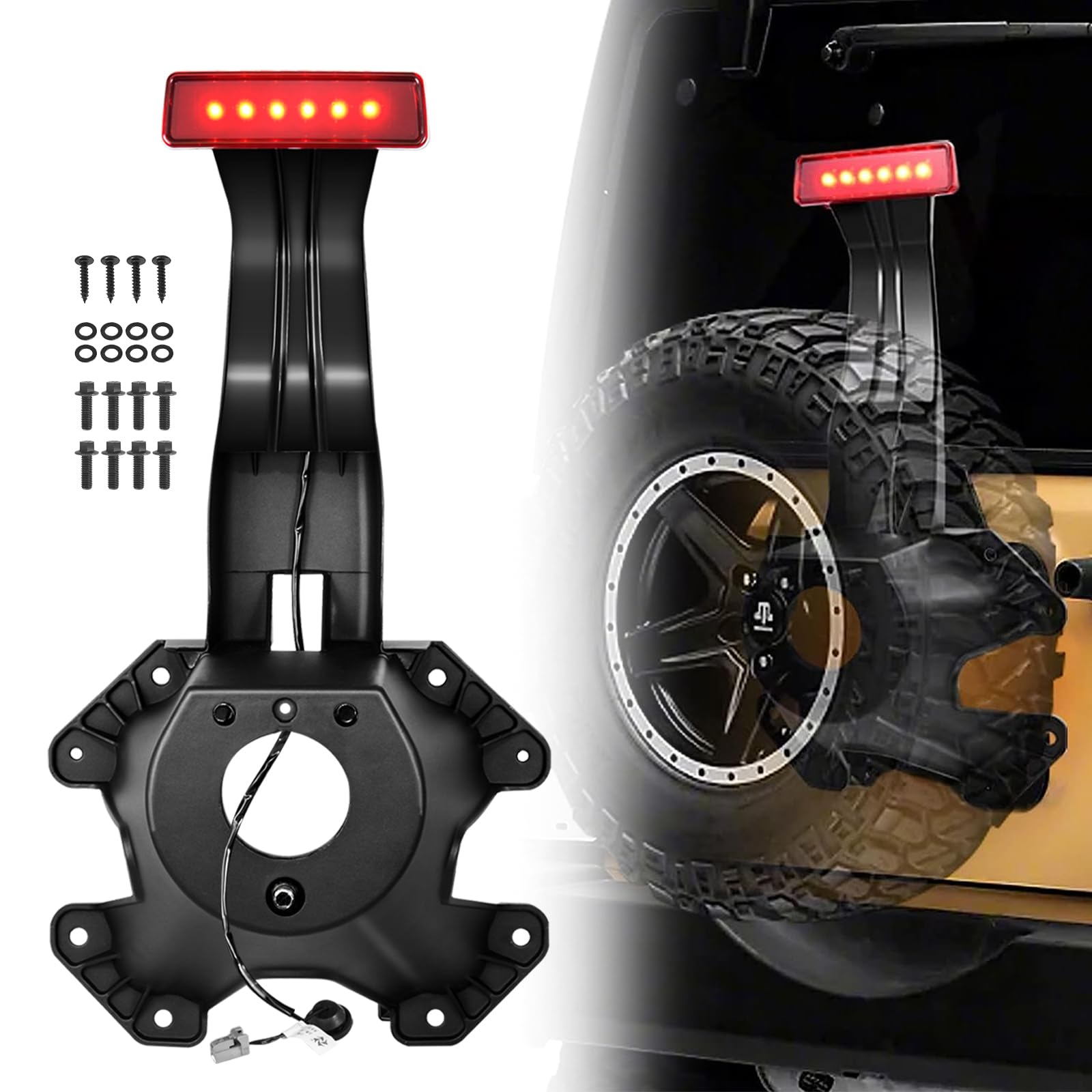 spare tire holder mounting bracket tire carrier bracket with screws ? third center high mount brake light with wiring harness compatible with 2007-2018 jeep wrangler jk replace# 55397217aj (red)