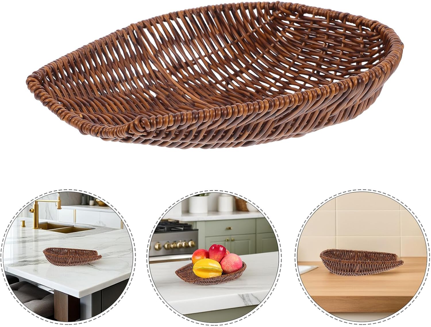 BESTYASH Multipurpose Medium Brown Imitation Rattan Bread Basket Handwoven Plastic Woven Fruit Tray Tabletop Serving Basket for Kitchen Dining and Snack Storage