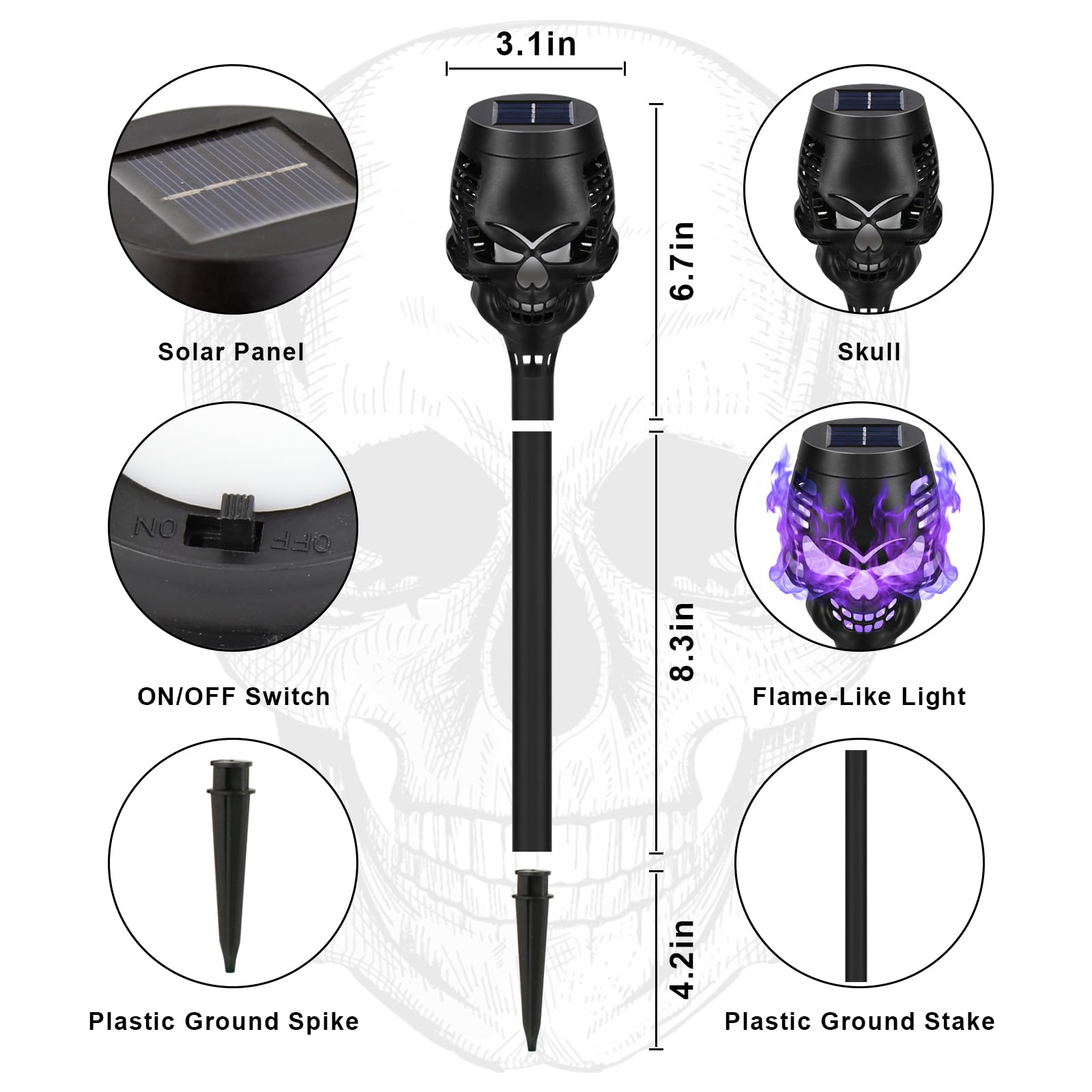 Solar Halloween Dekorationen Outdoor, 8 Pack Gruselige Totenköpfe Solar Fackel Flamme Lichter, Wasserdicht Weg Halloween Lichter für Garten, Hof, Rasen, Veranda, Landschaft Dekor, Lila