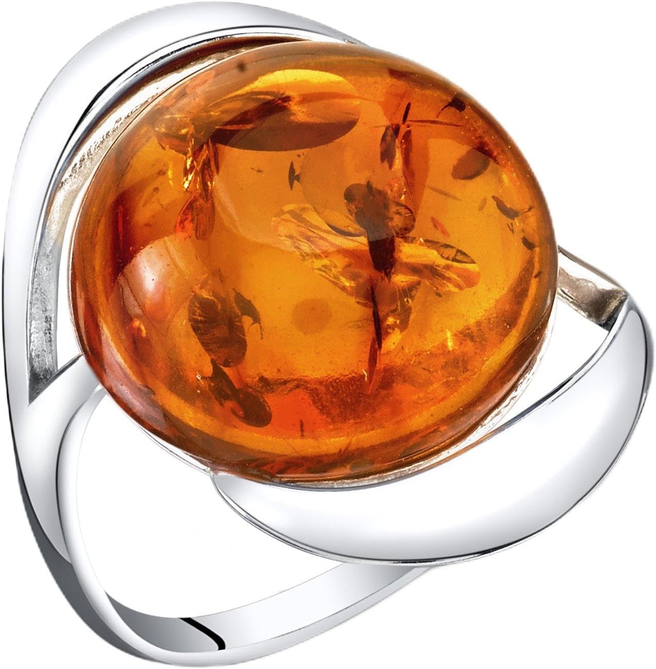 PEORA Genuine Baltic Amber Large Round Swirl Ring for Women in Sterling Silver, Rich Cognac Color, Comfort Fit, Sizes 5 to 9