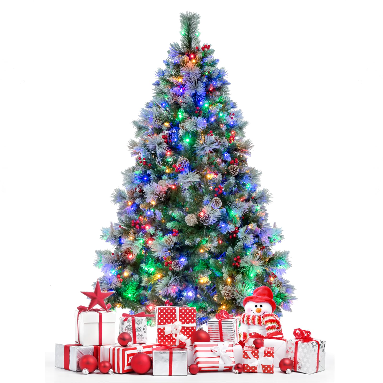 COSTWAY Kunstkerstboom met ledverlichting, 180/210 cm, met dennenappels, rode bessen en metalen standaard, 11 lichtmodi, pvc-kunstboom voor Kerstmis, groen wit (180 cm