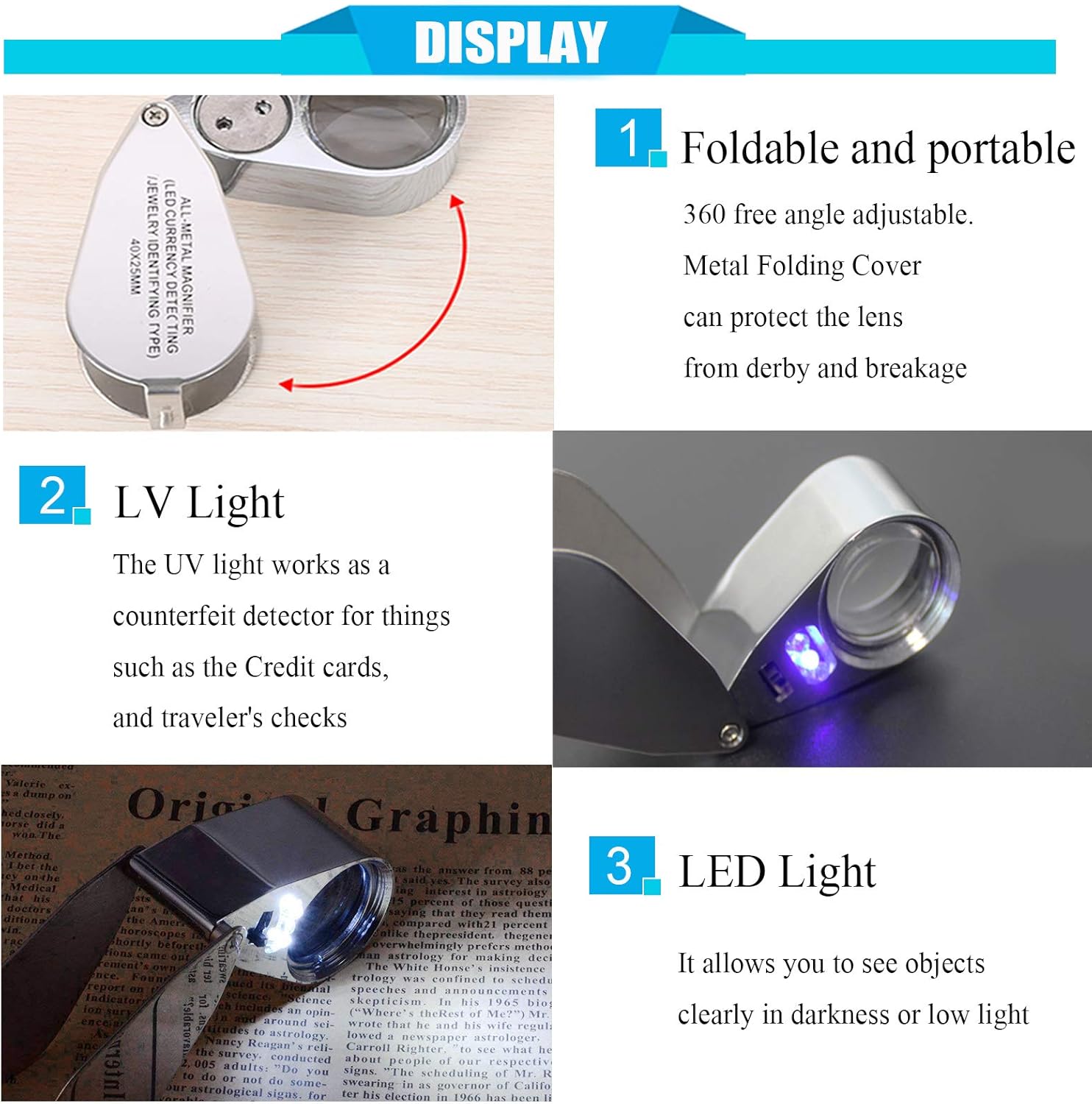 40X Full Metal Illuminated Jewelers Foldable Loupe Magnifier with LED UV Light Pocket Folding Jewelry Loop Magnifying Glass for LED Currency Detecting/Jewelry Identifying Type : Arts, Crafts & Sewing