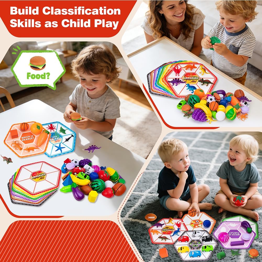 Sorting Toys for Toddlers, 48 Toys Sorting Matching Playset Sensory Toys for Kids, Match Card Sort Game Set with Storage Bag, Multiple Theme Box Preschool Educational Learning Fine Motor Skills Games