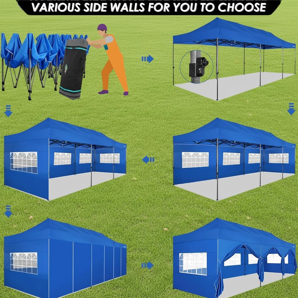COBIZI 10x30 Pop up Canopy Heavy Duty Outdoor Extra Thick Frame Tents with 8 sidewalls for Parties UPF 50+ Waterproof Commercial Gazebo with Roller Bag, Blue(Windproof Upgraded)