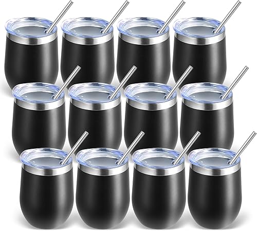 Miniatura 10 de Volhoply - Juego de 12 vasos de vino de 12 onzas con tapa, hechos de acero inoxidable con aislamiento al vacío de doble pared, vasos de vino sin