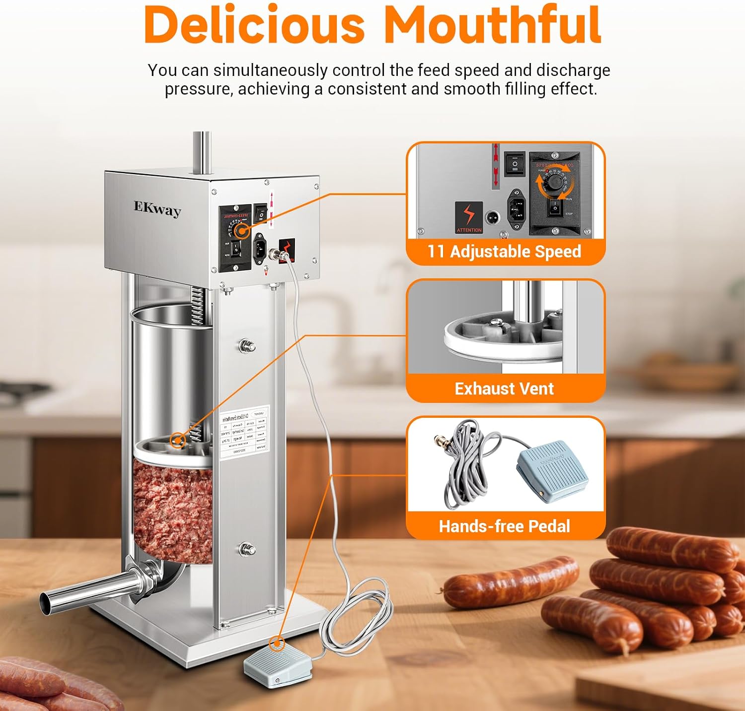 30Lb/15L Electric Sausage Stuffers,Vertical 304 Stainless Steel Commercial Sausage Maker Adjustable,11 Speeds, 5 Filling Tubes,Silver