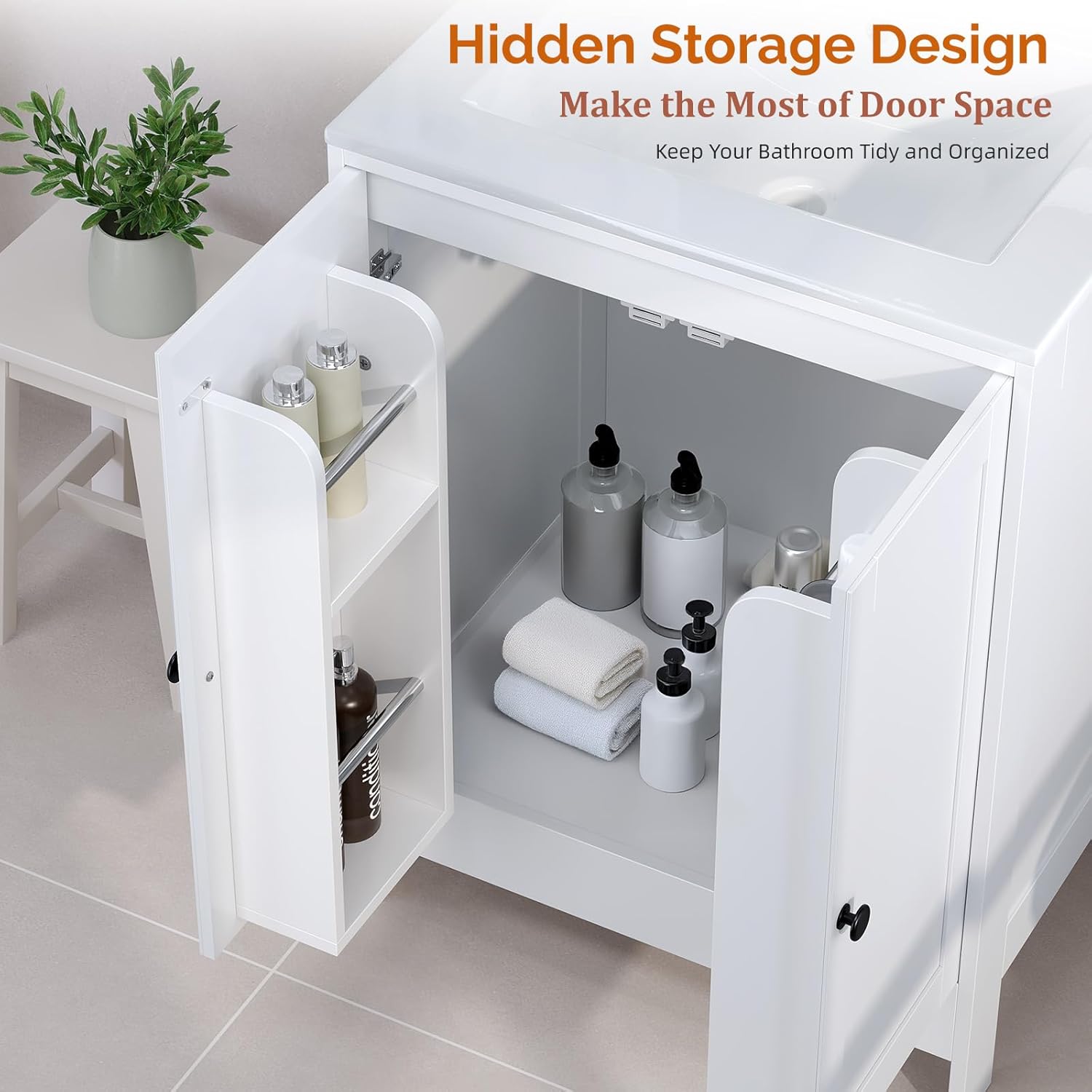 VINGLI 24 Inch White Bathroom Vanity with Sink, Modern Freestanding Sink Vanity with Soft-Close Doors and Storage Shelves, White Bathroom Cabinet with Single Hole Ceramic Basin for Small Bathrooms