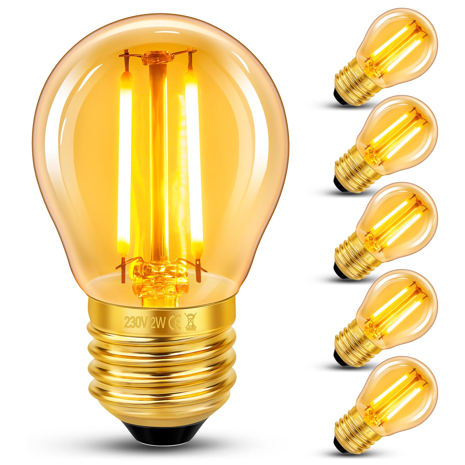Caldarax Vintage Light Bulb E27 Edison Screw Bulb, 2W LED Filament Equivalent 20 Watt, Antique Style Retro Amber Glass 2200K Warm White, 200LM, AC 220V, Non-dimmable, Golf Ball G45 Bulb, 6 Packs — image 1