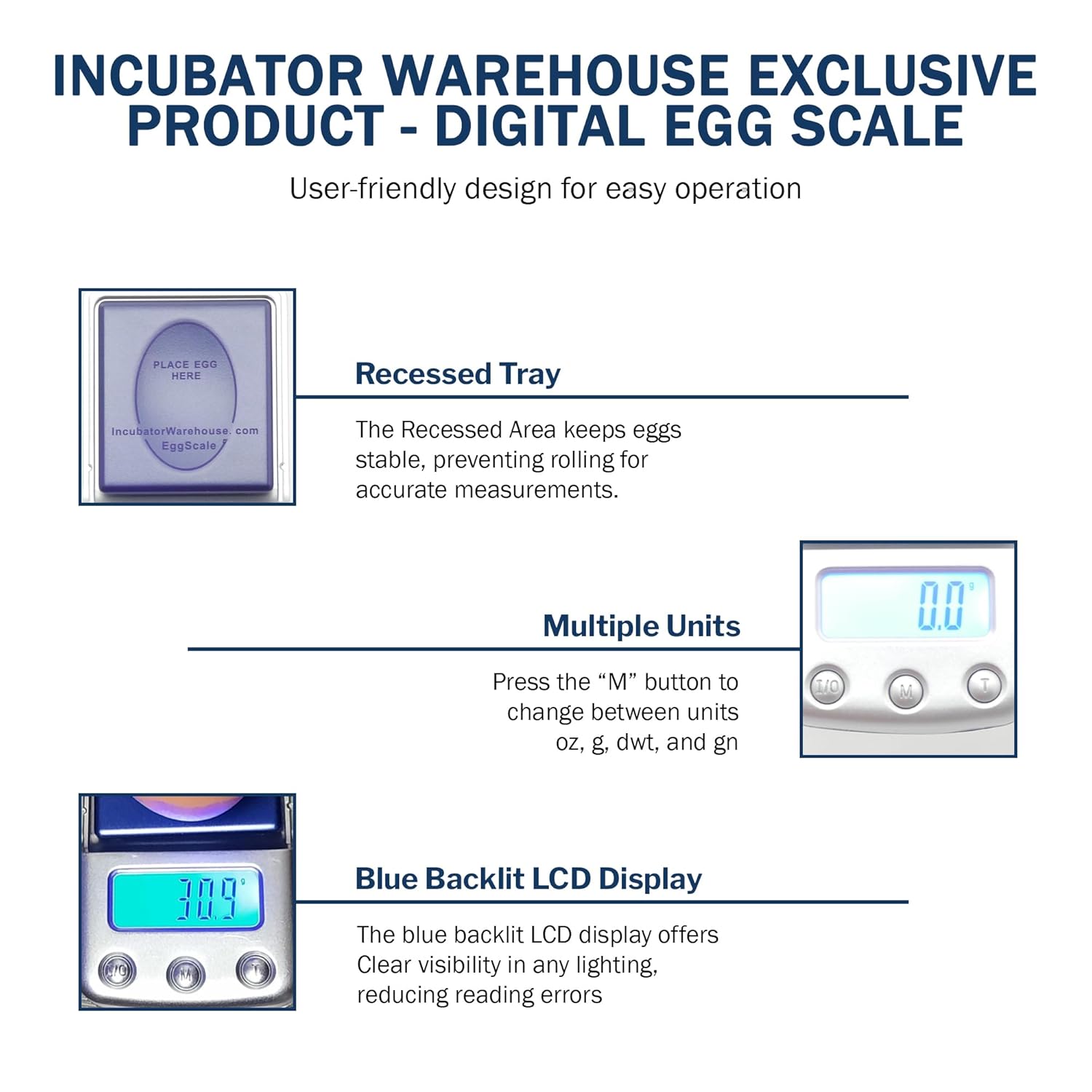 Incubator Warehouse Digital Scale with Blue Backlit LCD Display - Accurate Humidity Measurement for Chicken, Quail, Goose and Various Egg Sizes