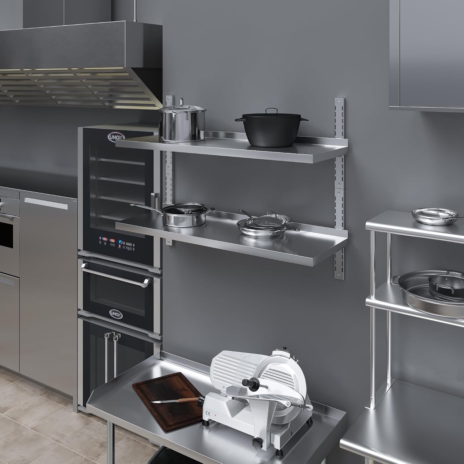 AmGood 16 in. x 48 in. Two-Tier Stainless Steel Wall Mount Shelf | Heavy-Duty Metal Shelving for Kitchen, Garage, Pantry, Closet, and More