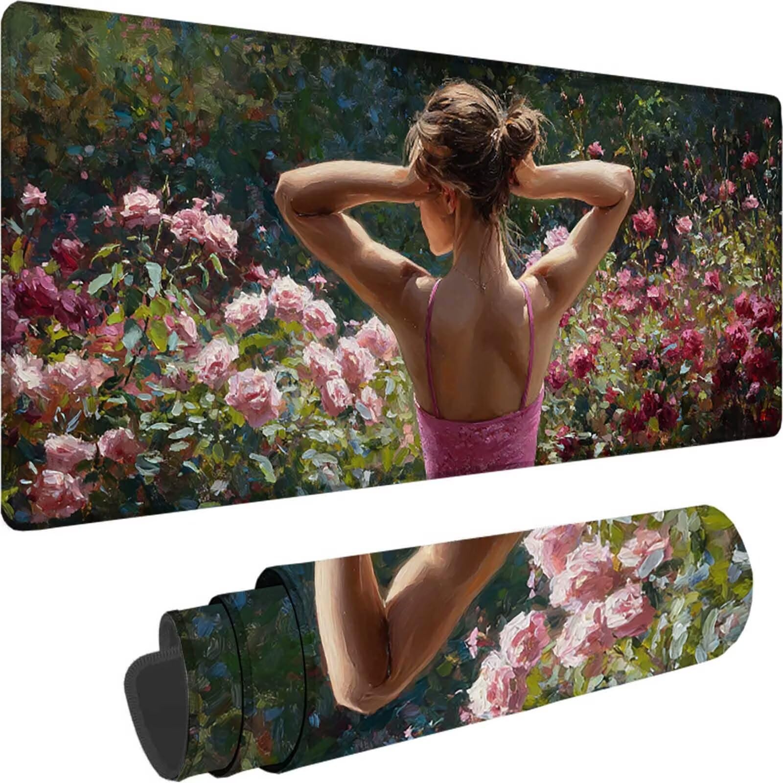 Różowa podkładka pod mysz 1200 x 600 x 3 mm duża podkładka pod mysz XXL kwiat pod mysz do biura dla graczy, zszyte krawędzie, antypoślizgowa gumowa podkładka pod mysz do komputera, komputera