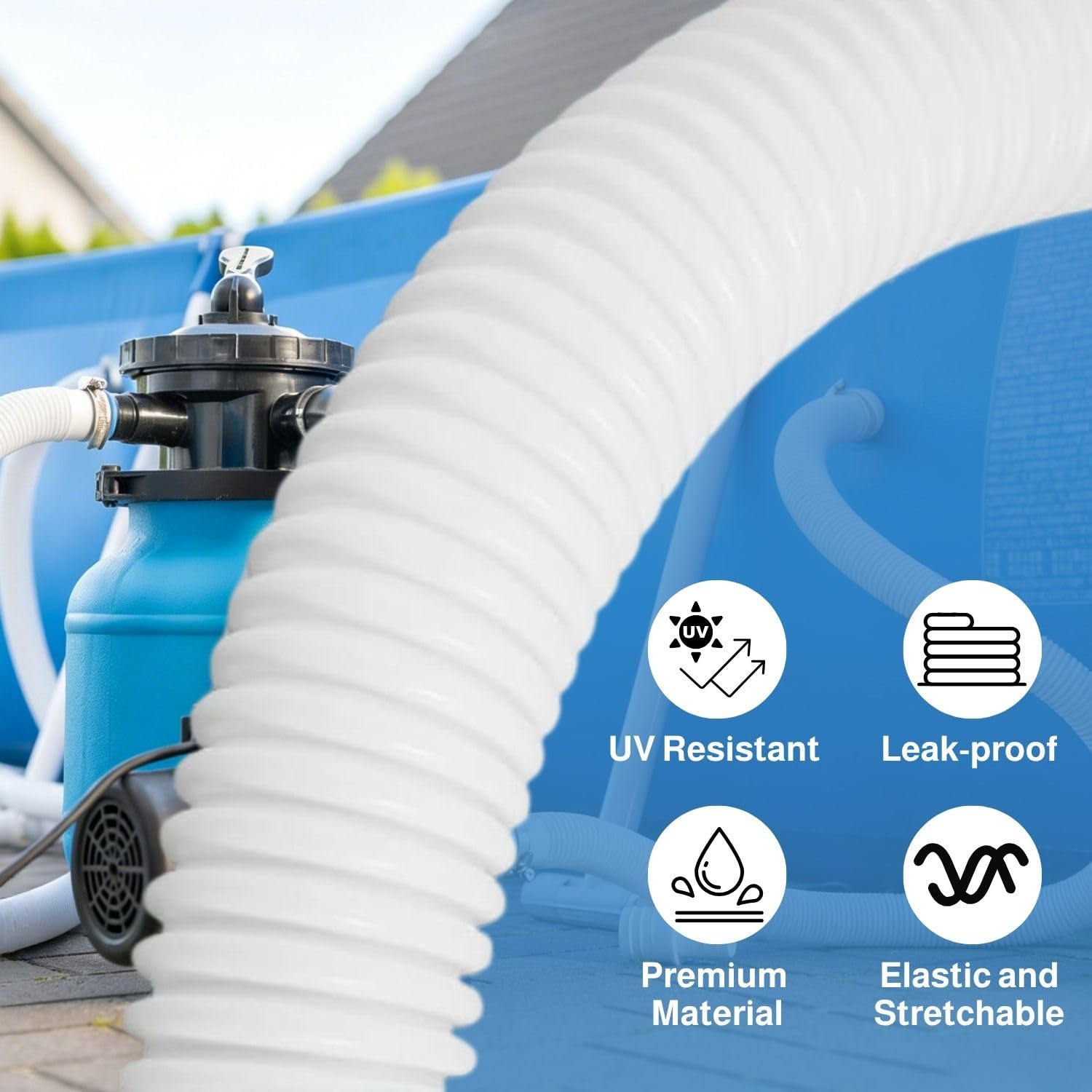Tuyau Piscine 32mm – 2x Tuyau Flexible avec 4 Clips de Sécurité et 1 Raccord Universel – Compatible avec Toutes les Pompes de Filtration – Installation Facile – Pour Piscines, Spas, Aquariums