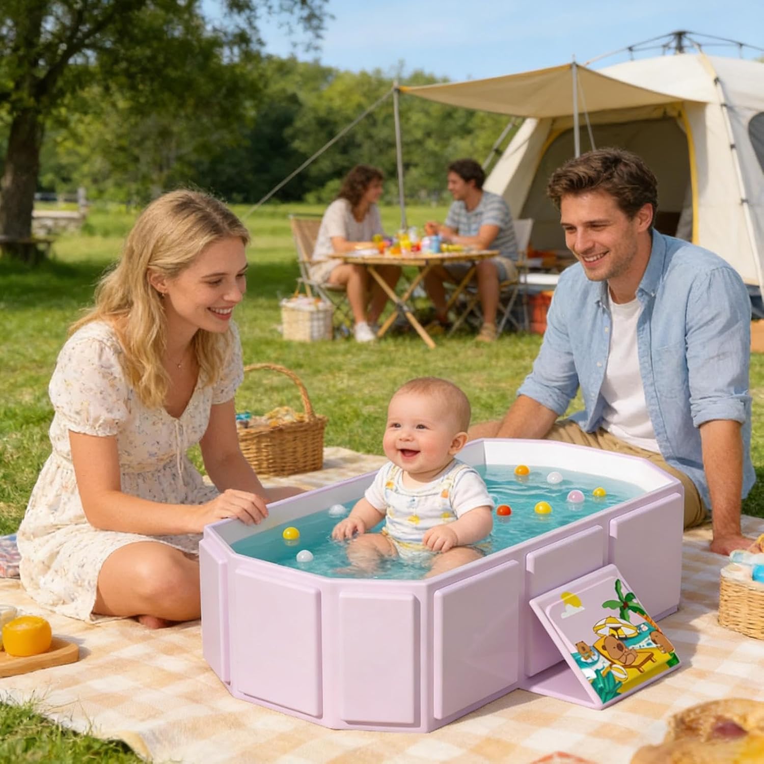 Folding Kids Bathtub - Portable Bath Tub with Drain Plug | Compact Travel Bath Basin, Quick Drain System & Space Saving Design for Home Apartment Camping RV Travel Vacation Summer Bathroom