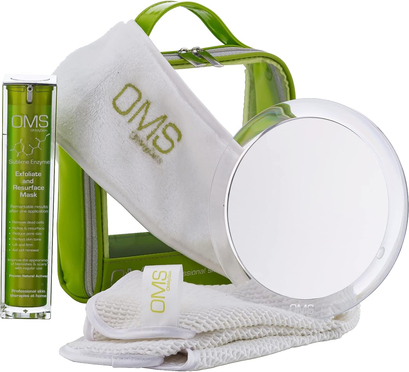 Oh My Skin: Complete Clinical Home Therapy Kit with Luxurious Exfoliating, Smoothing, Brightening & Hydrating OMS product & Microfibre Derma Cloth, Headband, 10x Magnifying Mirror. Made in UK