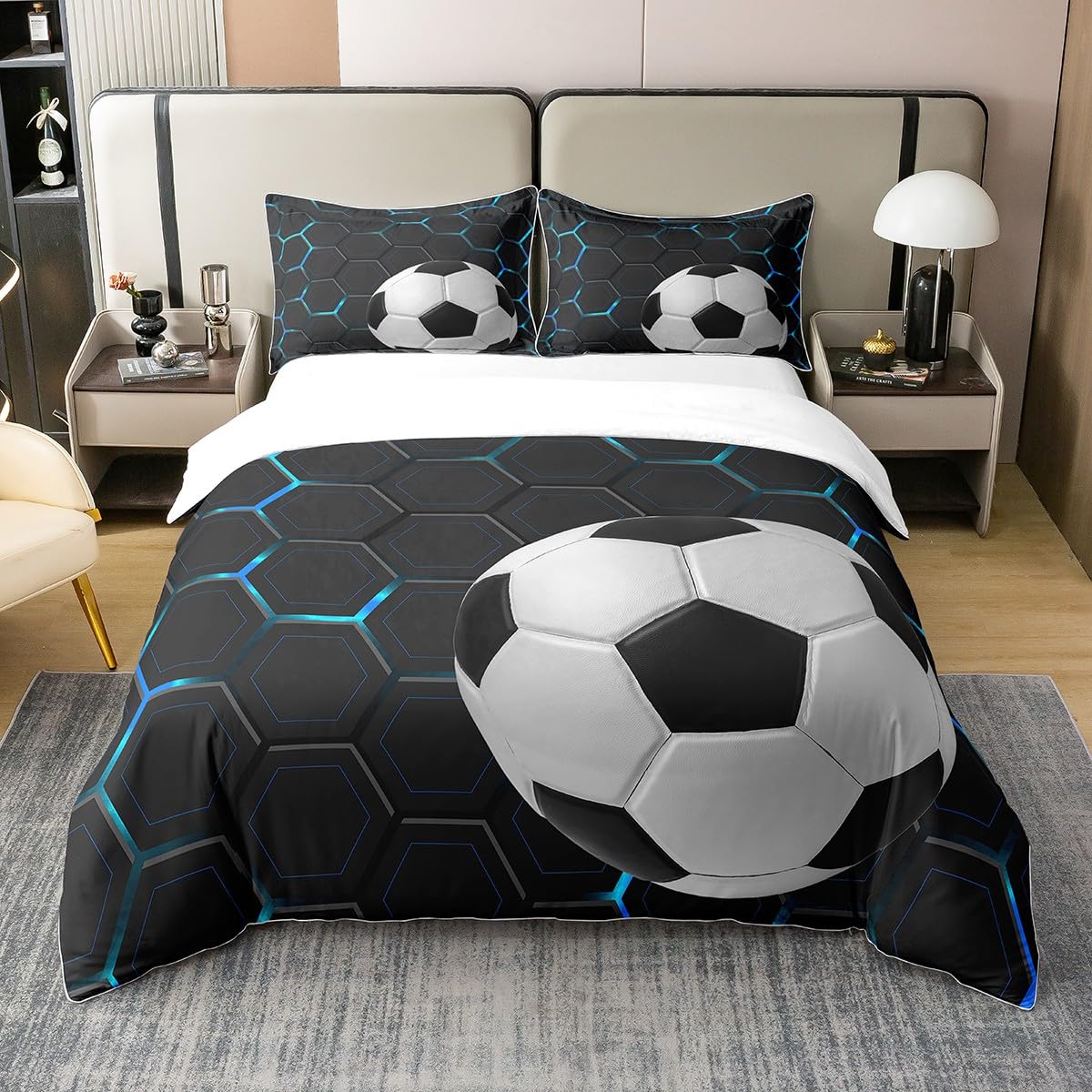 Housse de couette football 220x240 garçon coton bleu noir parure lit sport géométrique ado