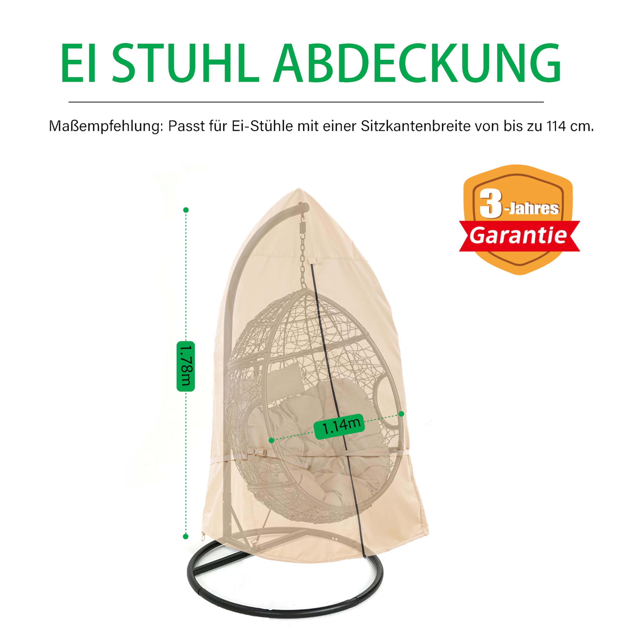 F&J Outdoors wasserdichte Garten Kreis Stuhlabdeckungen Patio Hängende Schaukel Stuhl 114x178cm Schutzhülle für Balkon Korb Stuhl Taille Festziehen Reißverschluss Beige Ei Stuhlabdeckung Heavy Duty