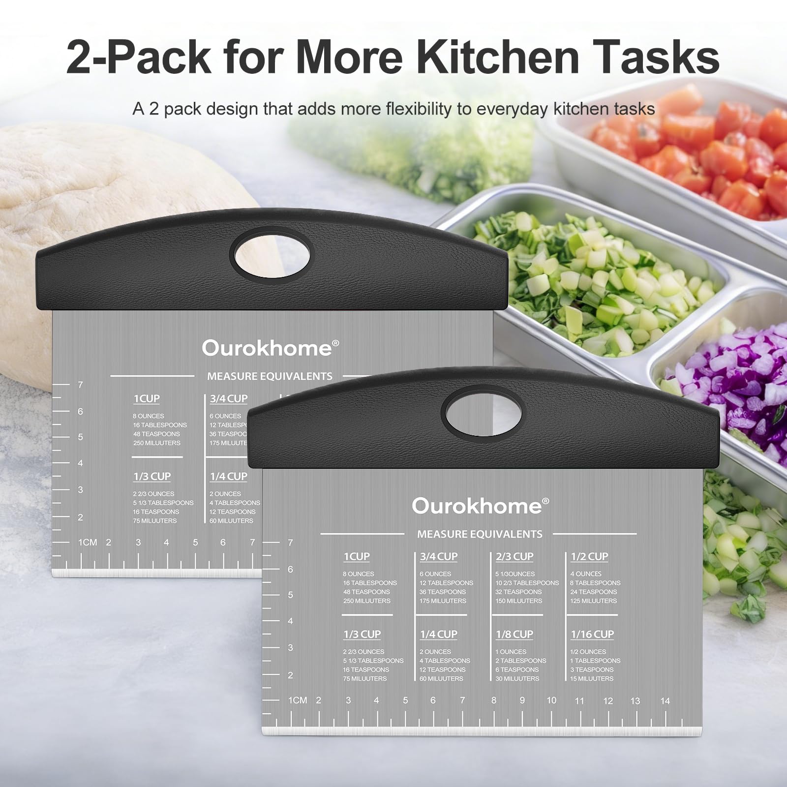 Ourokhome Paquete de 2 raspadores de masa de banco, raspador de masa de acero inoxidable con escala grabada con láser, tabla de conversión, mango antideslizante, apto para lavavajillas para pan y
