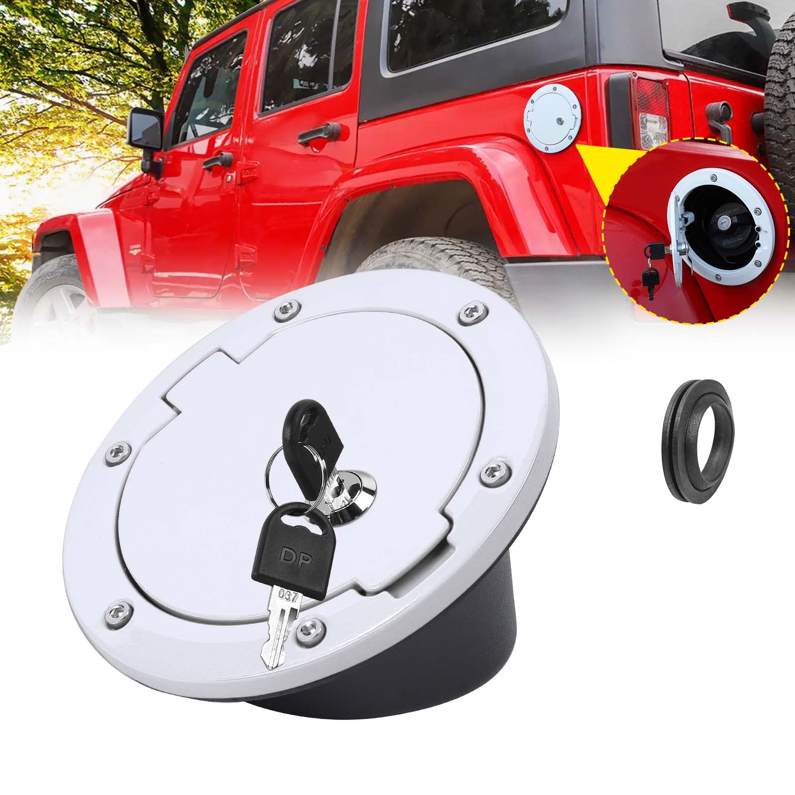 JeCar Fuel Filler Door Locking Gas Cap Cover Exterior Accessories for Jeep Wrangler 2007-2018 JK & Unlimited, White