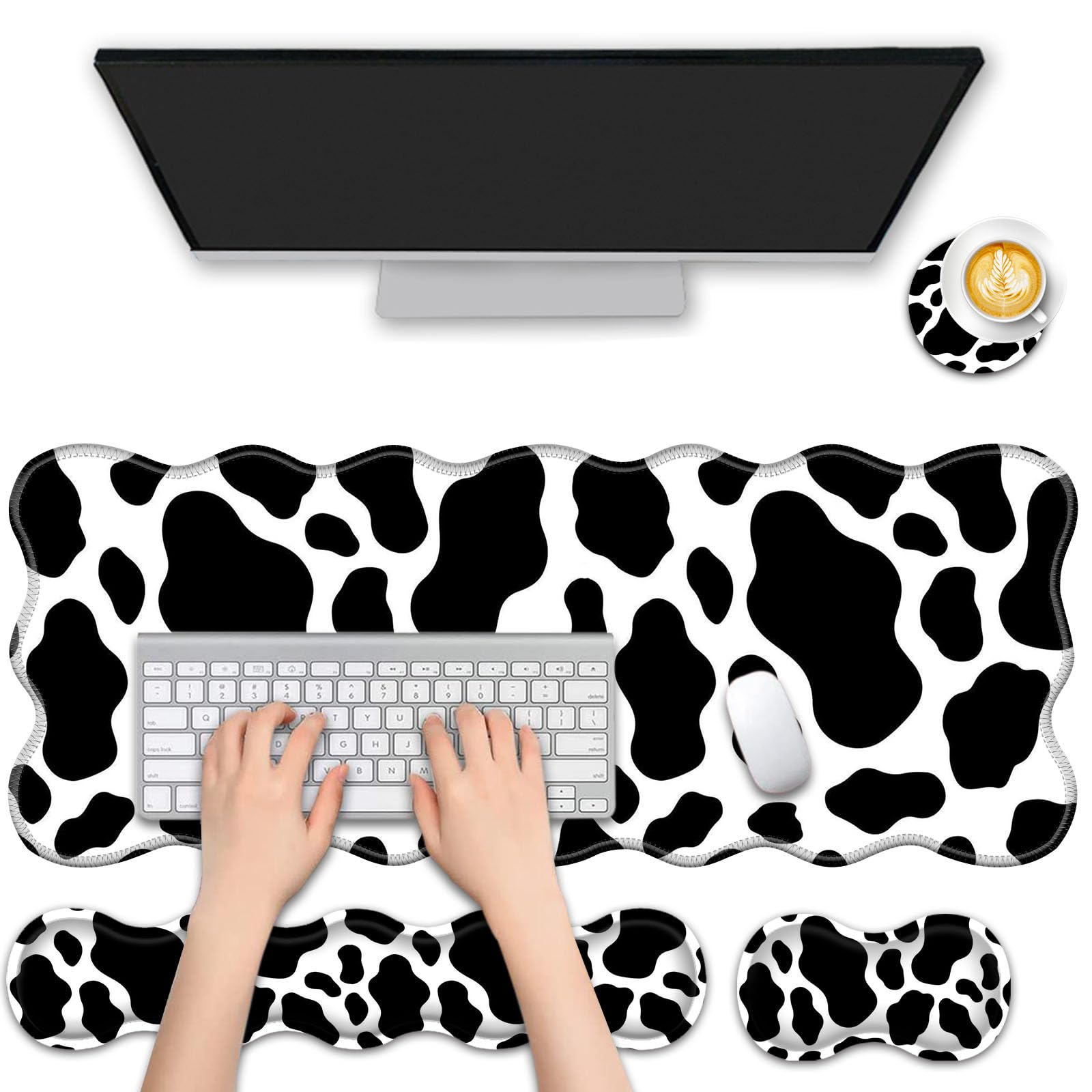 FGDRFGRW 4 in 1 Desk Mat Set,Mouse Pad with Keyboard Wrist Rest,Wave-Shaped Design,Non-Slip Rubber Base,Waterproof,for Home,Office,Gaming,Cute Cow Pattern