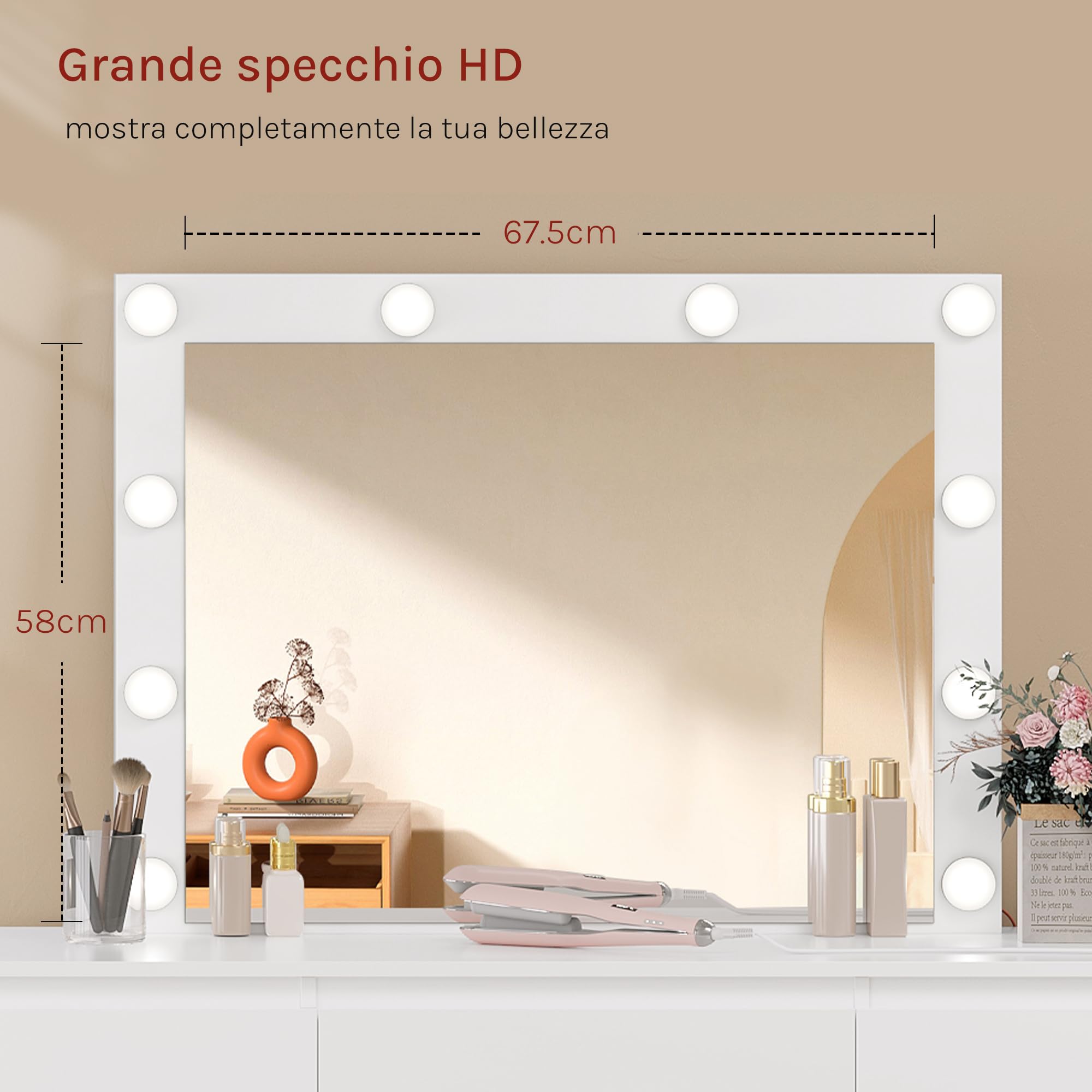 WOLTU Toeletta da Trucco con Specchio LED Regolabile, Sedia da Make Up, Seduta Imbottita, Tavolo da Trucco Moderno con Cassetti e 2 Prese, 1 USB-A e 1 USB-C, Cavo di 1,5 m, Bianco