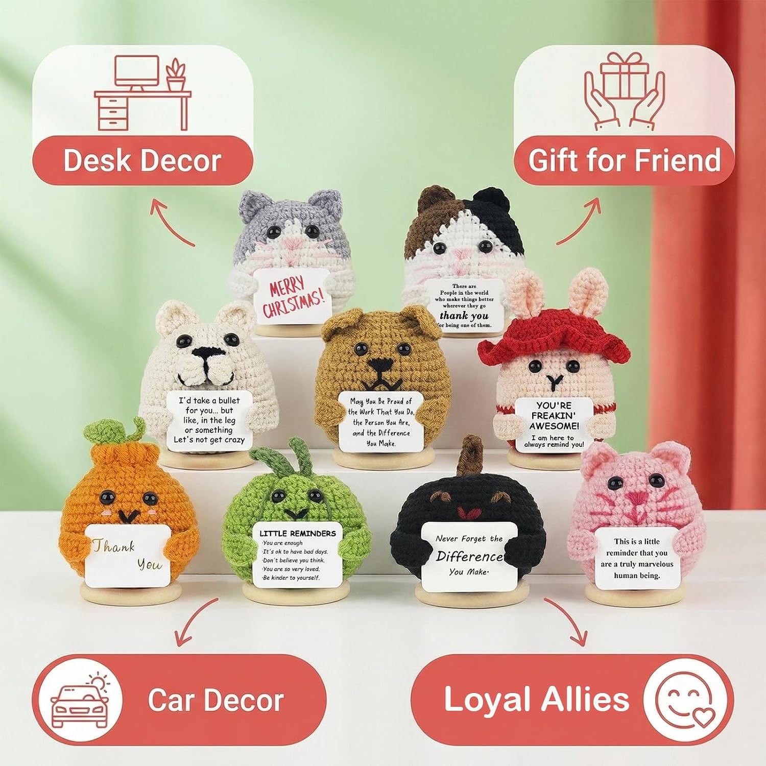 9Pcs Positive Crochet Mini Animals with 30 Swappable Cards Birthday Bulk Gifts for Coworkers Women Kids Adults Men Teens Handmade Staff Employee Appreciation Thank You Gift Small Cute