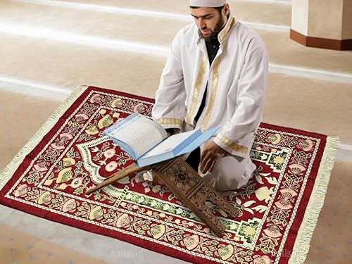 Miniatura 6 de Anlising Tapete de oración musulmana con bolsa de diseño elegante, alfombra plegable portátil para Ramadán (rojo)