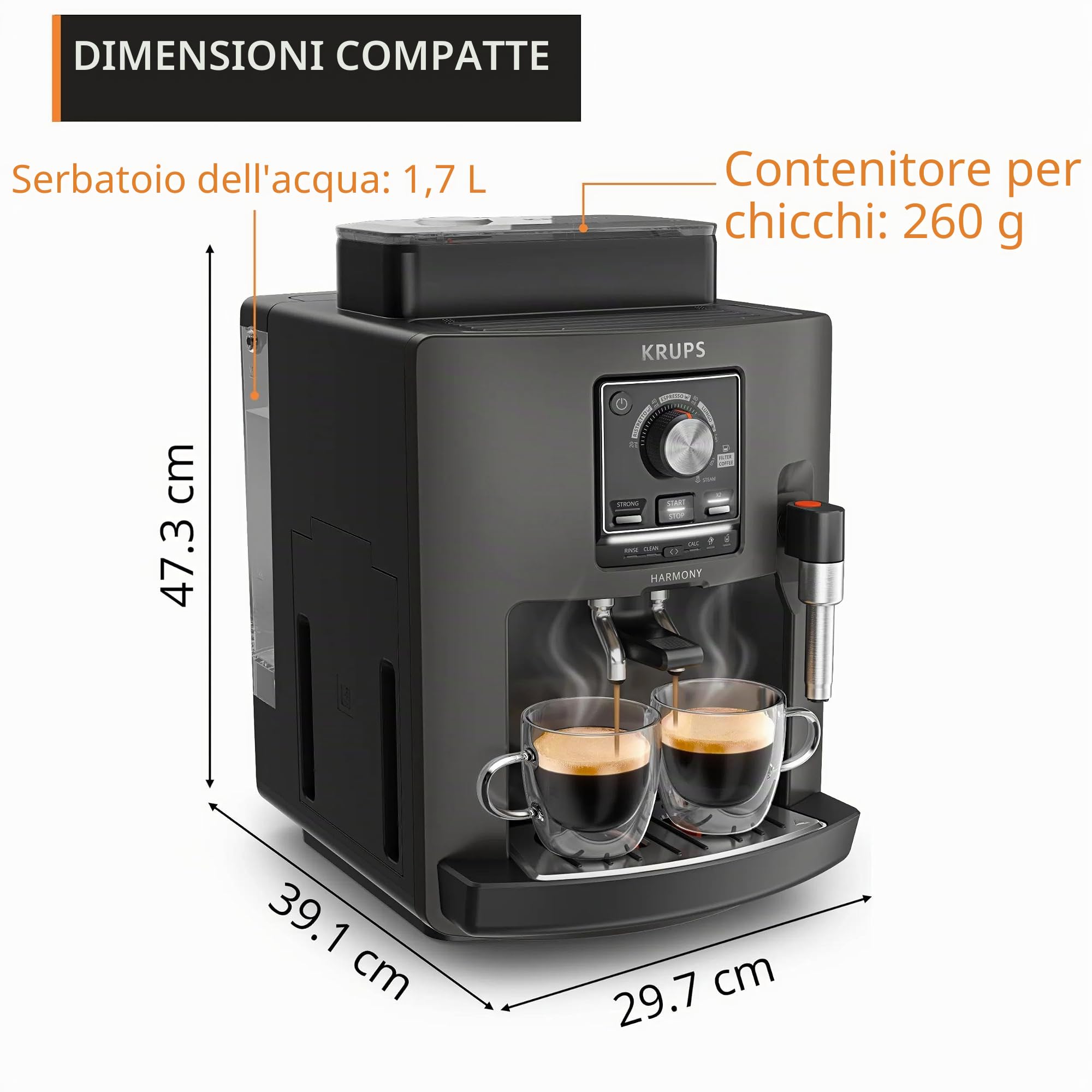 Krups EA508B Harmony - Macchina da caffè automatica con beccuccio a vapore, 4 bevande caffè, pulizia automatica, 2 tazze contemporaneamente, carbone