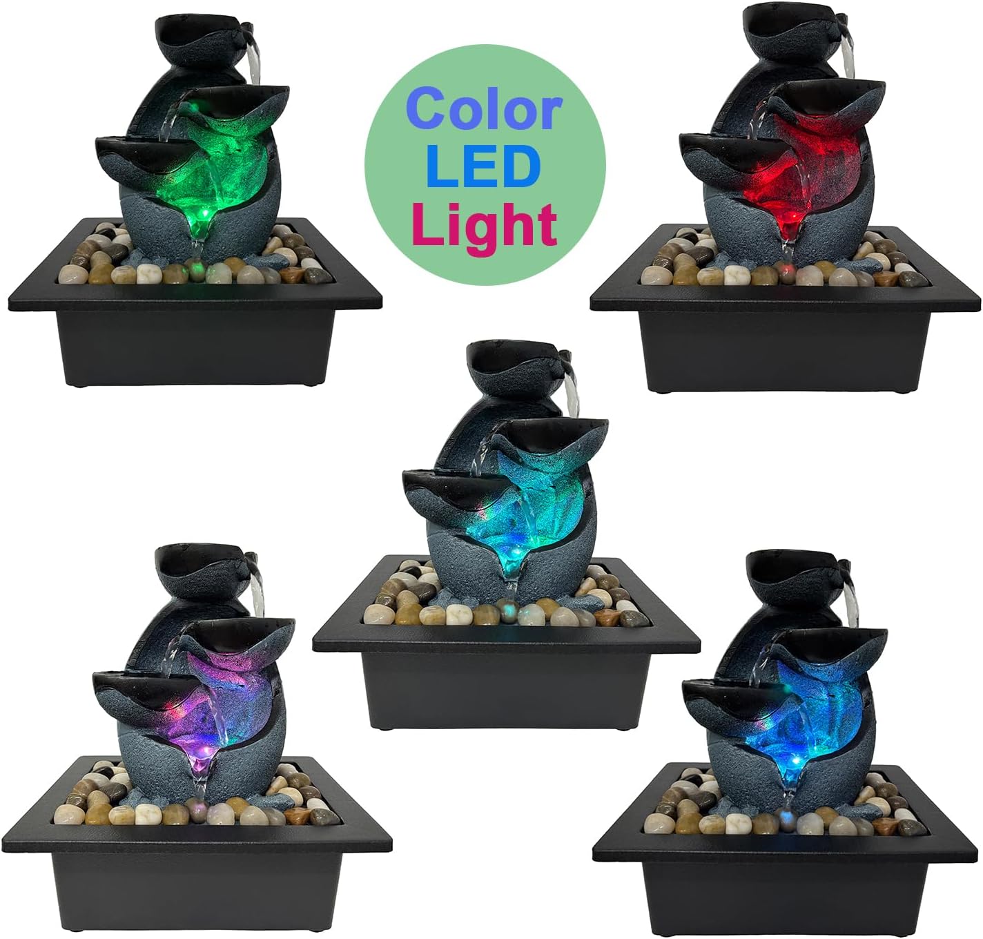 Indoor Tabletop Water Fountain, Resin Zen Meditation Waterfall Fountain with ON/Off Switch, Indoor Waterfall Feature with Color LED Light for Home Office Decor