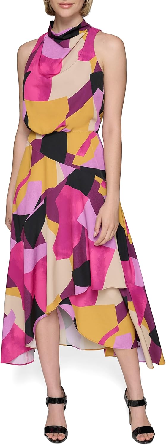 KARL LAGERFELD Women's Halter Neck Silky Crepe Colorful Geo Print Midi Dress