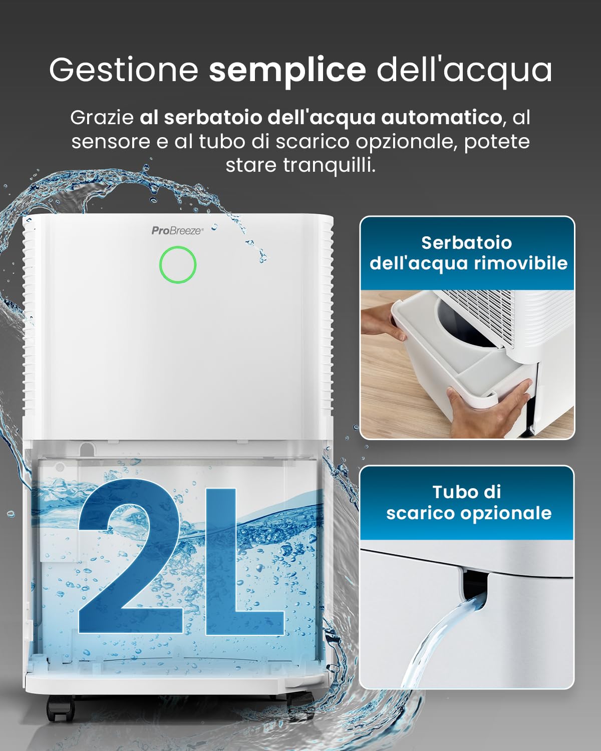 Pro Breeze Deumidificatore 12L/giorno con serbatoio d'acqua da 2L, sensore e display di umidità auto, asciugatura della biancheria, modalità Sleep e timer 24H - Umidità, muffa e condensa
