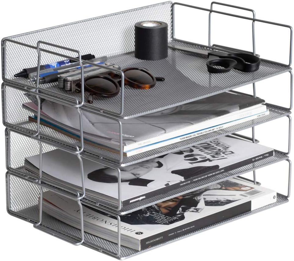 4 Tier Stackable Heavy Duty Metal Desktop Letter Tray File Organizer Sorter Desk Document Organizer Shelf Tray Magazine Holder Paper File Newspaper Organizer Tray (Silver)