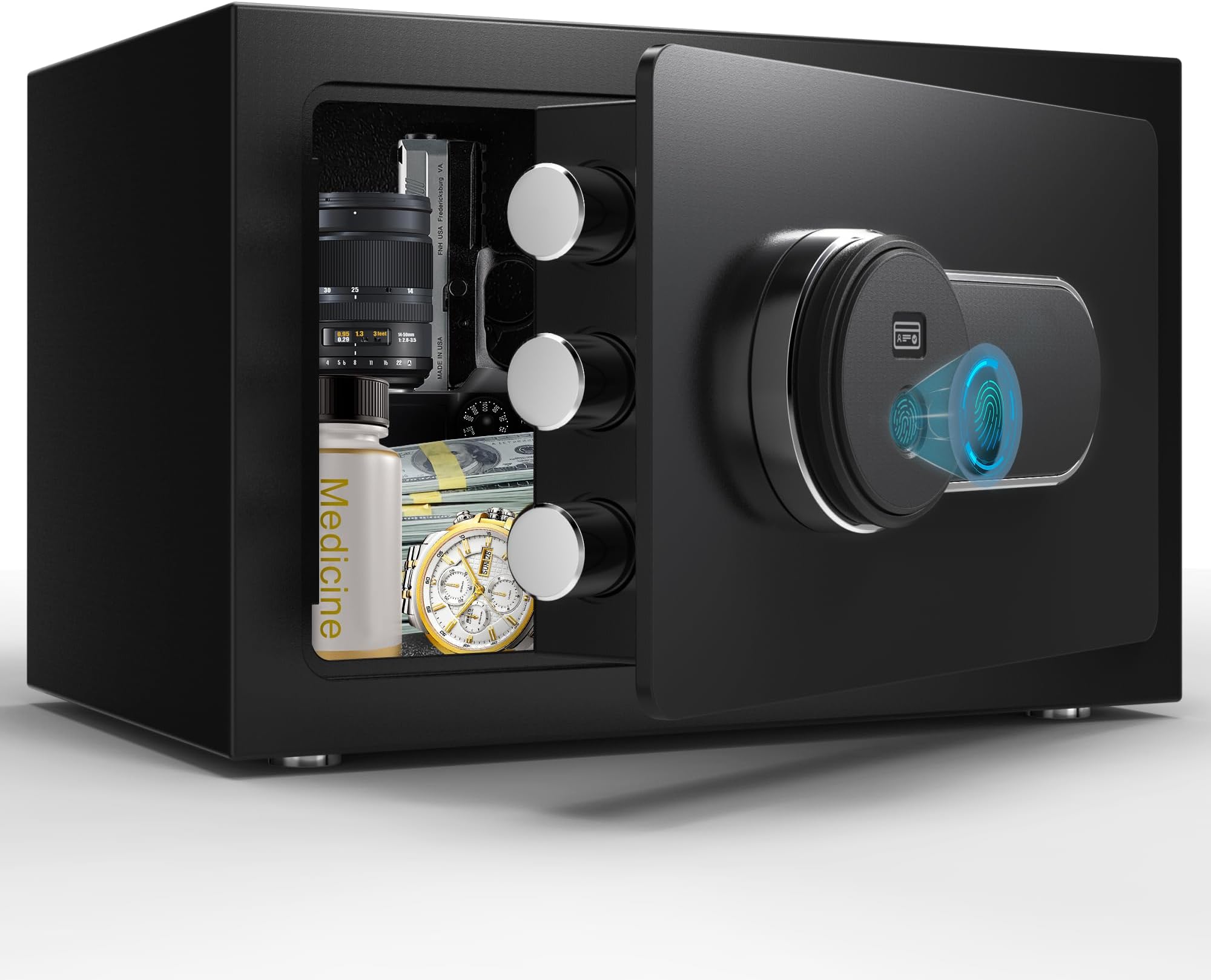 Safe Box, 0.6 Cub Home Safe with Key, Security Money Safe with Biometric Lock, Small Personal Safe, Fingerprint Safe for Home Office Hotel Bedroom