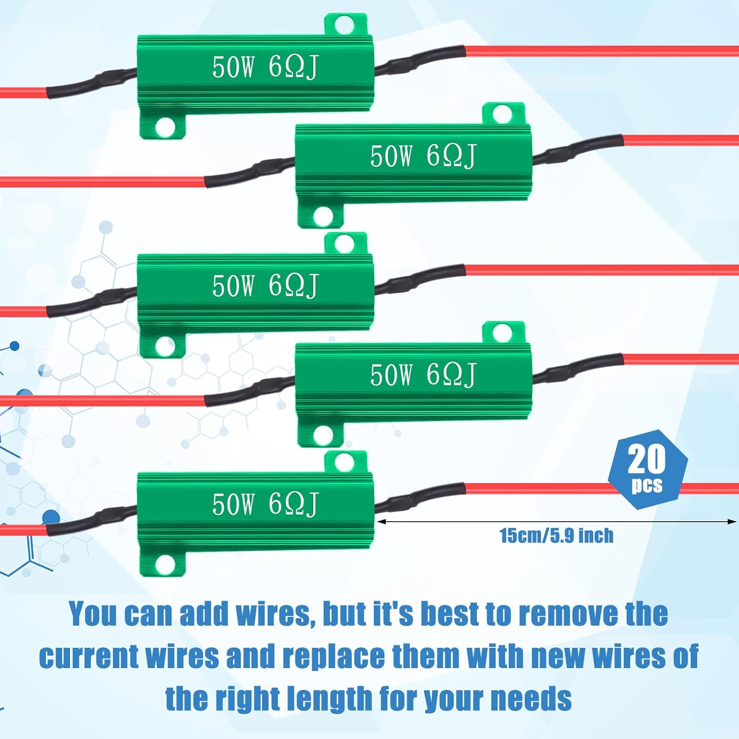 Xuhal 20 Pack 50W 6ohm Load Resistor Turn Signal LED Kit Fix Fast Flash Blink Error Code Flickering Resistor for LED Lights Bulb Headlights Tail Light License Plate DRL(Green)