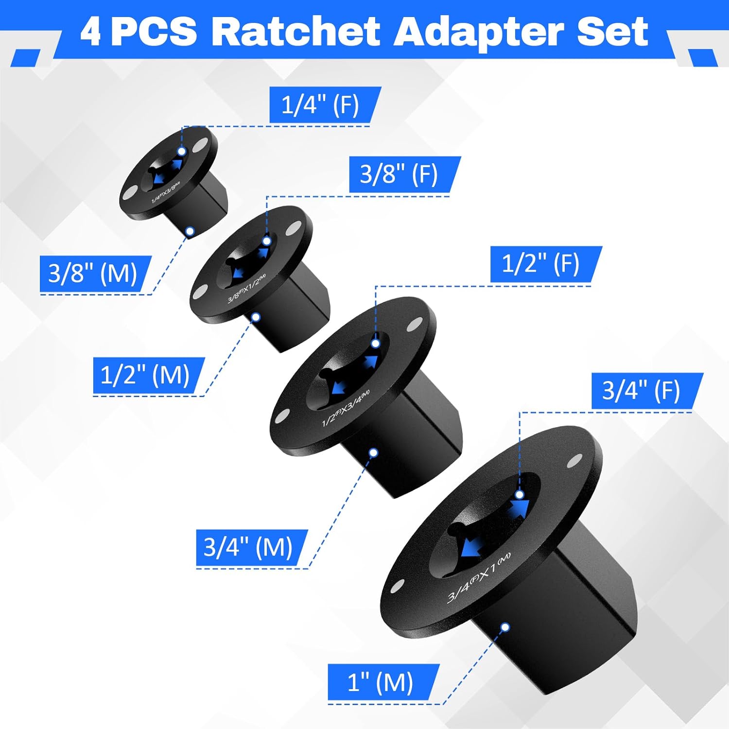 4PCS Low Profile Socket Adapter Set, Drive Ratchet Adapter for Tight Spaces 3/4" to 1", 1/2" to 3/4", 3/8" to 1/2", 1/4" to 3/8"