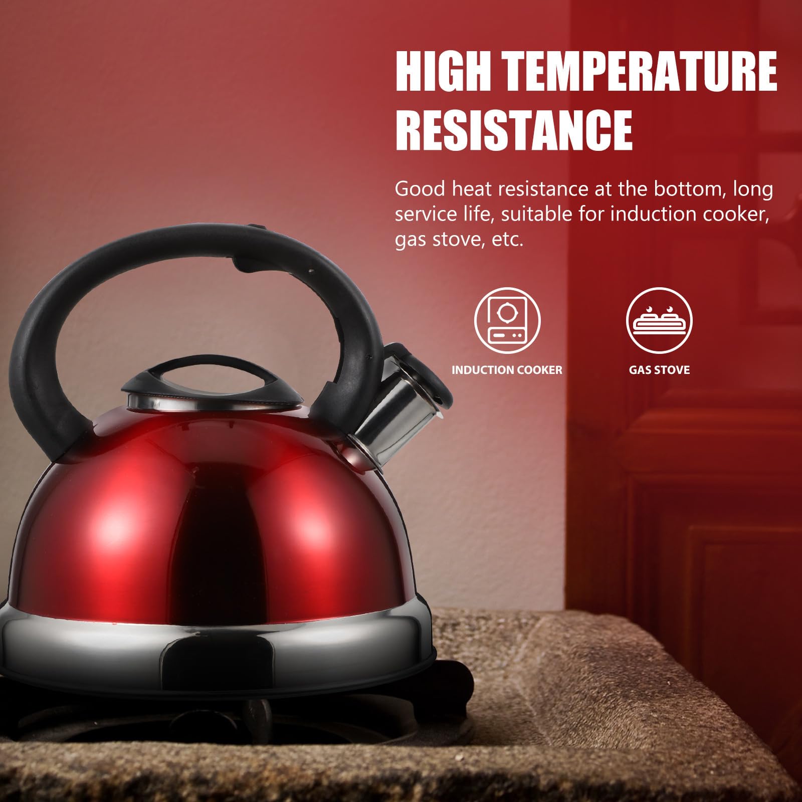 Uonlytech Tetera de Acero Inoxidable, Hervidor Asa Aislante 3l Rojo, Silbido al Hervir, Antiquemaduras, para Cocina de Gas E Inducción, Uso Doméstico