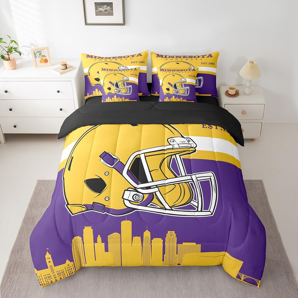 Erosebridal Boys Twin 7 Pieces Bedding Set,Sports Comforter Set with Sheets Football City Bed in A Bag with Flat and Fitted Sheet for Kids Teens Adults Football Fans Players,Purple Yellow - Image 2