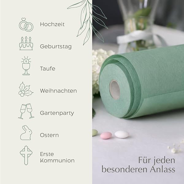 Twinzee - Vlies Tischläufer Eukalyptus, 30 cm x 25 m - Tischband fur Tischdeko Geburtstag, Hochzeit, Taufe, Outdoor - Decoratives Tischläufer Modern Rolle - 3